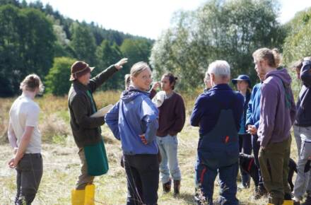 Gruppe bei Naturführung auf Wiese