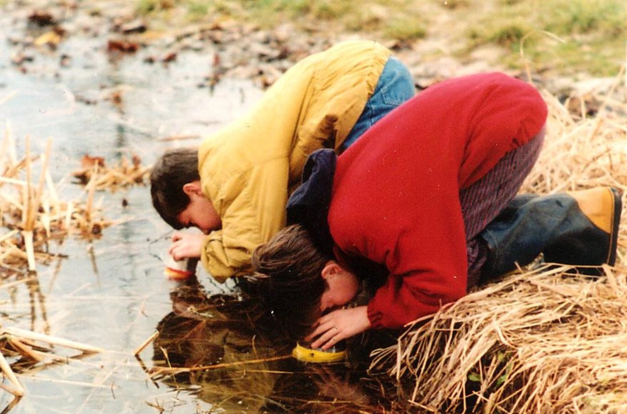 Kinder beobachten das Wasser im Teich