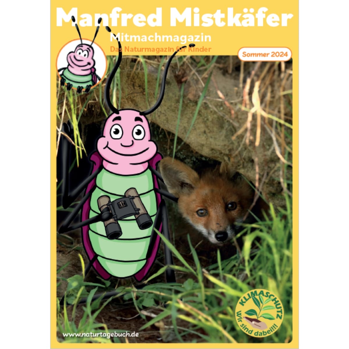 Kinder-Naturmagazin Cover mit Mistkäfer und Fuchs.