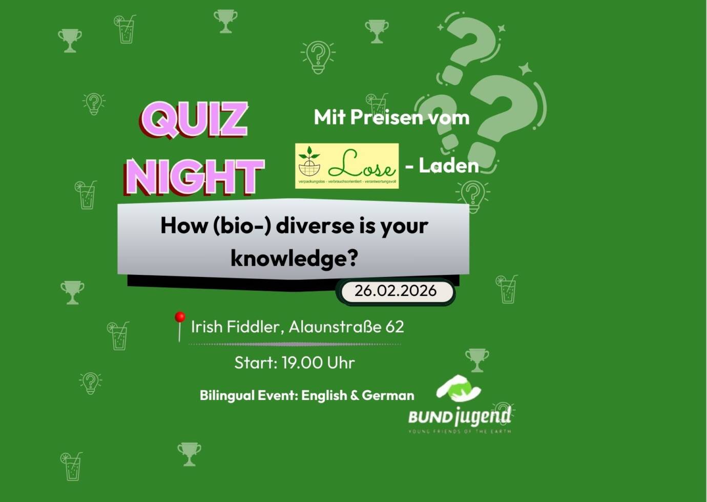 Bilinguale Quiznacht mit Preisen, 26.02.2026, 19 Uhr.